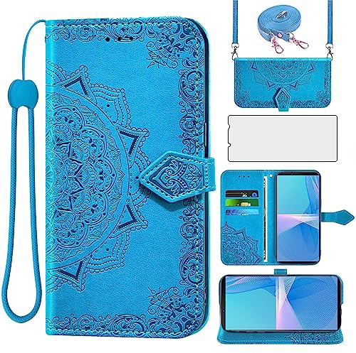Asuwish Handyhülle für Sony Xperia 10 III 5G XQ-BT52 Hülle mit Band und Glas Folie Schutzfolie Kartenfach Klappbar Leder Geldbörse Ständer 10III 3 Lite Handy Hüllen Mandala Schutzhülle Phone Case Blau