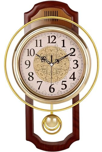 QTQHOME Reloj de pared de péndulo antiguo, simula textura vintage de grano de madera, movimiento de barrido silencioso sin tictac, estilo clásico retro, marco de plástico con vidrio ABS