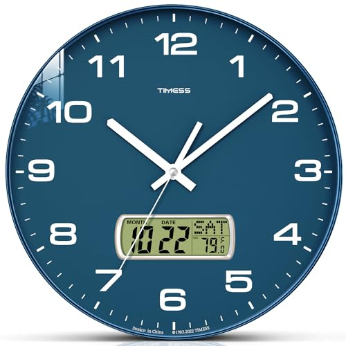 TIMESS Wall Clock, 12 Dial Non-Ticking Silent Battery Operated Analog with LCD Display for Perpetual Calendar and F° Temperature, Ideal Modern Home, Bedroom, Kitchen, Office Decor (Blue)