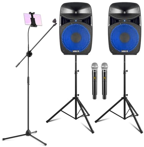 Vonyx VPS152A Home Karaoke System with Wireless Microphones, Bluetooth PA Speakers, Adjustable Stands & Tablet Holder - Complete Plug-and-Play Karaoke Kit for Adults & Family Parties