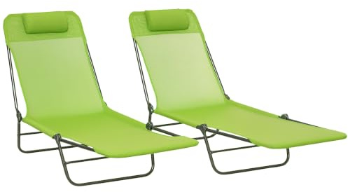 Outsunny Folding Sun Loungers for Garden Set of 2 Texteline Green | Reclining Sun Bed, 5 Position Adjustable Backrest, Headrest, Portable Garden Lounger Recliner Chair, for Beach, Patio, Camp