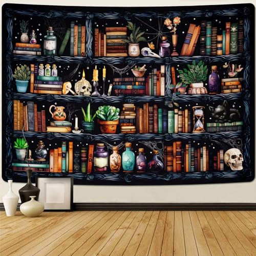 Alishomtll Vintage Bookshelf Wall Hanging, Books Skulls Bottles Colourful, Bedroom Living Room Dormitory Tapestry Aesthetic Decorative, Black 210x150cm