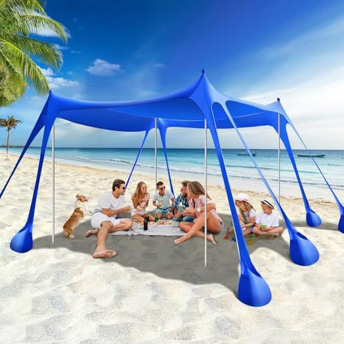 Tenda da spiaggia in lycra 3,0m x 3,0m,Tenda parasole spiaggia portatile,UV UPF 50+ Ombrellone Portatile Anti Sole con 4 aste con sacco di sabbia, ancora, per spiaggia, picnic, pesca, campeggio