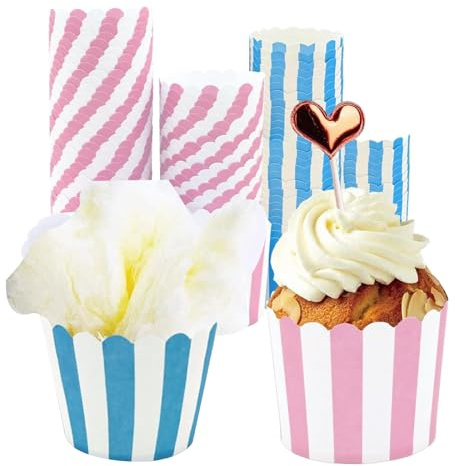Cupcake Wrapper, 100 Stück Cupcake Liner Fall Wrapper Cupcakes | Muffinförmchen Papier Backbecher Papierkuchen für Backtage Geburtstage Hochzeiten und Partys (Blau-rosa Gestreift)