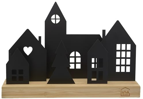 UNUS Soporte para ciudad, casas decorativas de madera y metal con iglesia y árbol, color negro
