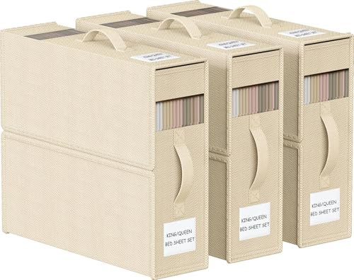 WANGIRL Confezione da 3 Organizer Lenzuola, Contenitori Sottoletto, Scatola Organizer per Biancheria da Letto con Cerniera per Copripiumini, Vestiti e Coperte, Beige