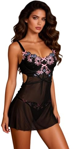 ohmydear Camisón Babydoll de Encaje con Bordado Completo para Mujer, Lencería Sexy con Sujetador y Tanga, Tirantes Ajustables, Sin Espalda, para Curvy
