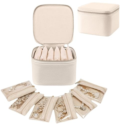 Aucuu Reise Schmuckkästchen, Schmuckkasten Klein mit 6 Schmuckbeutel, PU-Leder Schmuck Organizer, Schmuckschatulle, Schmuckaufbewahrung für Ohrringe Ketten Ringe Armbänder für Mädchen Frauen