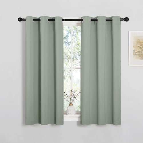 PONY DANCE Blackout Sage Green Curtains Bedroom - Short Thermal Insulated Energy Saving Curtains & Drapes for Living Room Kitchen Nursery Panels Blinds for Home Decoration, Set of 2, 42 x 45 Inch