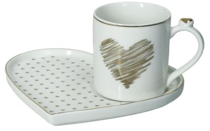BRANDANI Set Tazza Mug con Vassoio Amore 51663 Cuore Righe Porcellana Bone China Bianco Oro