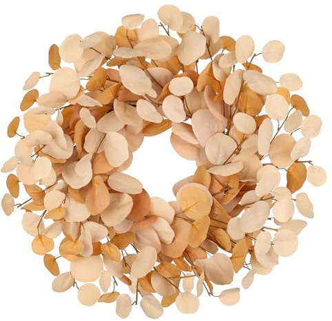 Künstlicher Eukalyptuskranz Ø 46 cm – Türkranz mit Grapevine-Basis, Dekokranz in Goldgelb – Kunstkranz für Haustür, Wanddeko, Fenster & Herbst Frühling Dekoration
