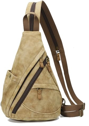 KL928 Casual PU Vintage Rucksäcke, Echtleder Retro Segeltuch Rucksack Daypack Crossbody Shoulder Schulterrucksack für Herren und Damen, Leichter Kaffee