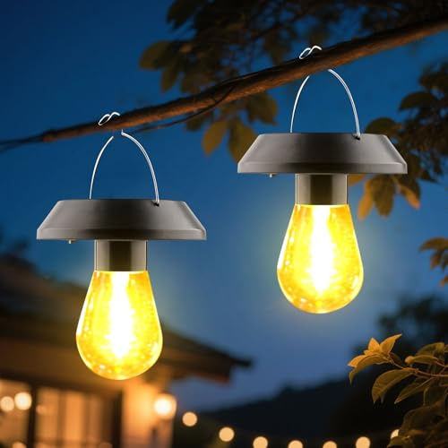 Solarlaterne für Außen Hängend, 2 Stück Wasserdicht Solarlampen für Außen Garten, Solar Laterne Hängend Outdoor mit Glühbirne, Solar Hängeleuchte für Garten Terrasse Hof Balkon Veranda Deko (A)