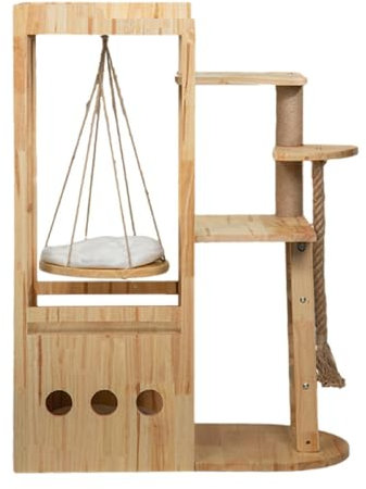 BDLINGAAS Cat Tree Tower Oak Cat Climbing Frame Hanging Hemp Rope Ladder Wall Hanging Solid Wood Cat Tree with Large Hammock Multi-level Cat Tower