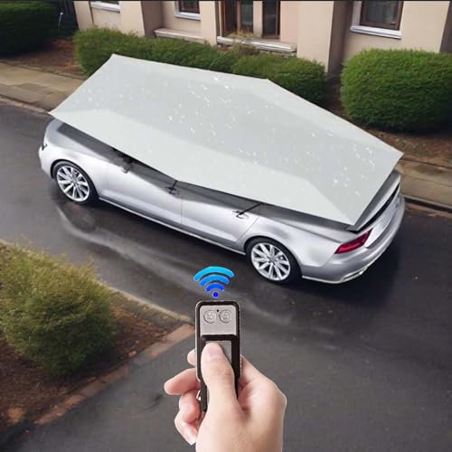QFGain Universal Car Tent Movable Carport, Outdoor Auto Sun Protection Car Awning Cover, Folded Portable Waterproof Sun Shade Umbrella Tent, Opens in 8 Seconds,Grey-4.2M