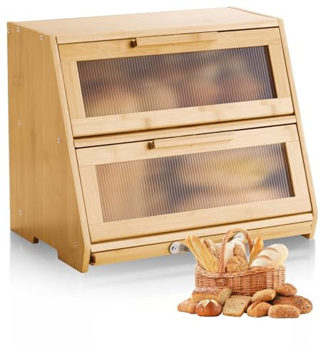 VEVOR Contenitore per Pane a Doppio Strato per Bancone della Cucina 390 x 260 x 320 mm Contenitore per Pagnotta in Legno di Bambù per Pane Fatto in Casa, con Pannello Porta in Acrilico Ondulato