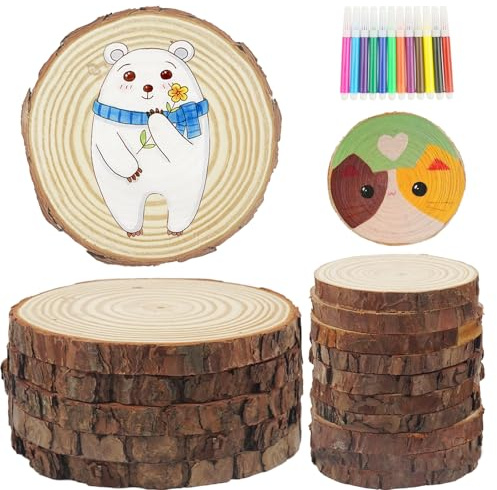 FALSKT 15 Pièces Rondin de Bois sans Trou 2 Tailles Disques de Bois Brut Naturel Tranche de Brut avec Crayons de Couleur Rondelles pour Decoration Noel Bois 8-9cm 16-17cm