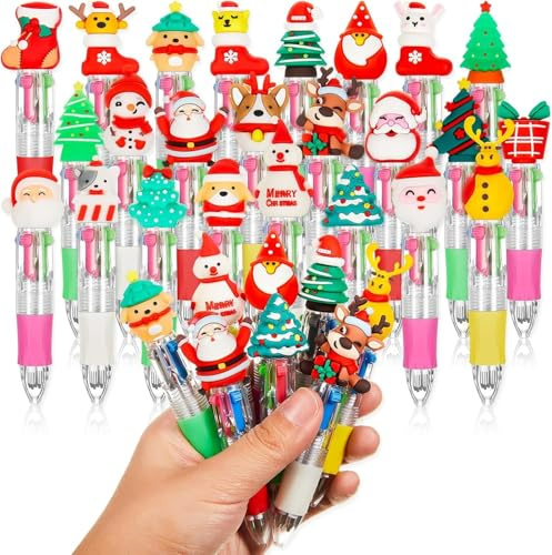 LATERN 24 Pezzi Penne a Sfera Natalizie, 4 In 1 Penna a Sfera Multicolore 10CM Penna a Scatto con Motivo Cartoon per Natale Festività Studenti Bambini Regalo Festa Borse Riempimento