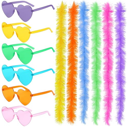 12 Stück Federboas, Die bunten Federklappen-Boas für Party, Karneval, Halloween, mit bunten Federboas und Herzbrillen, perfekt für Damen und Mädchen