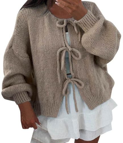 Cárdigan de punto para mujer, cárdigan de punto de moda para mujer, manga tres cuartos, cinta frontal, ligero, cuello redondo, lazo suelto, suéter de punto, caqui, S