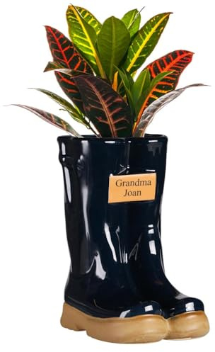 Ceramic Wellington Boot Plant Pot with Personalised Engraved Plaque (Blue) | Drainage Hole, Removable Stopper, Wellington Boot, Welly Boot, Planter, Flower Pot, Gardening Gift
