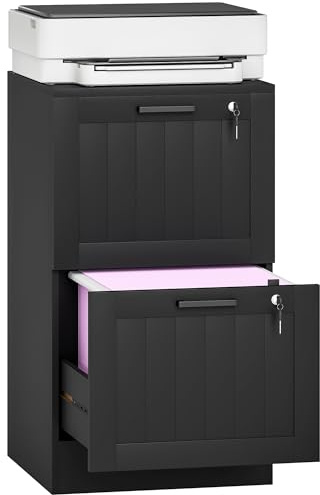 HOMCOM 2 Drawer File Cabinet with Lock for A4 and Letter Size Folders Black | Vertical Filing Cabinet, Adjustable Hanging Bars, Printer Stand with Storage