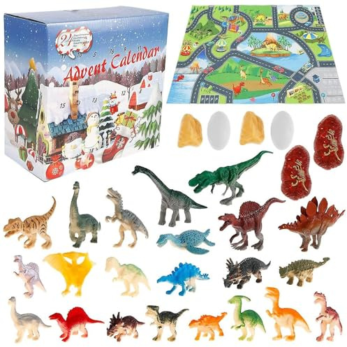 Calendrier de l'Avent 2025 pour tout-petits, calendrier de l'Avent dinosaure 24 jours avec 24 jouets et carte, jouet éducatif parent-enfant compte à rebours Noël pour enfants
