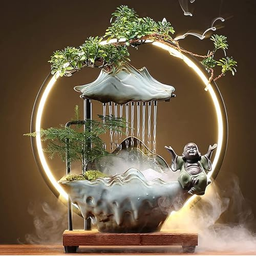 VLFLG Buddha Deko Wasserbrunnen Wasserfall LED Indoor Deko Springbrunnen für Meditation mit japanischer Dekoration mit gefälschten Pflanzen Feng Shui Dekoration für Glück Reichtum