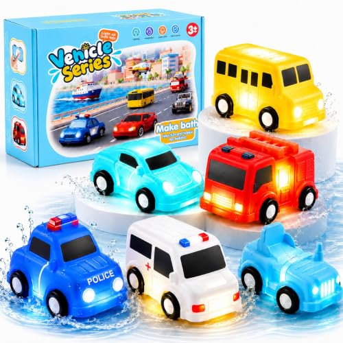 6 Stück Badewannenspielzeug Leuchtend Autos Badespielzeug | Ohne Löcher Wasserspielzeug Baby Sensorik Spielzeug für Kinder Ab 1 Jahr Wasseraktiviertes LED Badewannenlicht Schwimmend