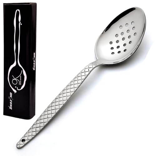 BNAZIND Chef Kunz Perforated Spoon | Silver 18/10 Stainless Steel Serving and Draining Spoon | 9 inch Basting, Quenelle, Cooking, Plating, Dinner Chef Spoons with Non-Slip Grip