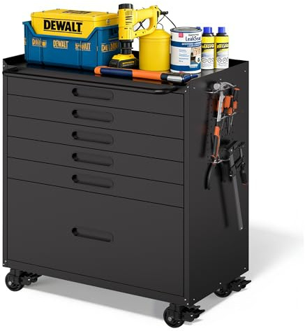 BIZOEIRON Metal Garage Storage Cabinet with Wheels, Rolling Tool Cabinet with 6 Drawers, Heavy Duty Tool Cabinet with Workbench, Assembly Required, Black
