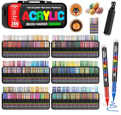 Sonlaryin 366 Farben Acrylstifte für Steine Wasserfest, Acrylic Marker | Pinselspitze Permanent Acrylstifte für Holz, Leinwand, Glas, Metall, Papier, Keramik, Stoff, Ostereier, Deko