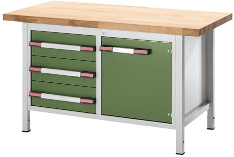 eurokraft | Höhenverstellbare Werkbank | Gestellbauweise | 3 Schubladen | 1 Flügeltür | Breite 1500 mm | lichtgrau/grün