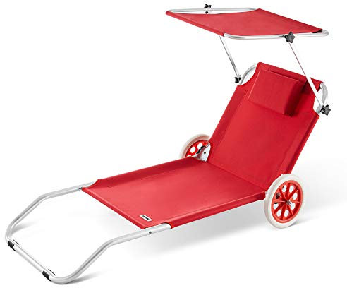 Casaria Chaise Longue de Plage Crête Rouge transat Pliable Chariot de Transport avec Pare Soleil réglable Camping Voyage