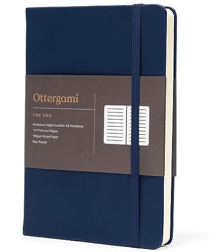 Ottergami Inbunden A5 Anteckningsbok, The Pro, Linjerad, 144 Sidor, 150 gsm Papper, Lyxigt Veganskt Läder, Dagbok för Kvinnor och Män, Perfekt för Arbete och Universitet (Blå)