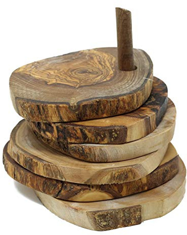 Benera Untersetzer für Gläser Bierdeckel rund rustikal aus Olivenholz 6er Set 9 cm auf Holzstab Für Becher Tassen und Vasen