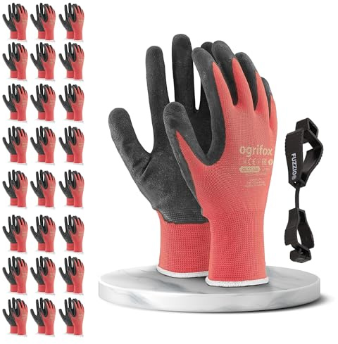 24 pares de guantes de trabajo recubiertos y porta clip para guantes FUZZIO® (M - 8, Rojo)