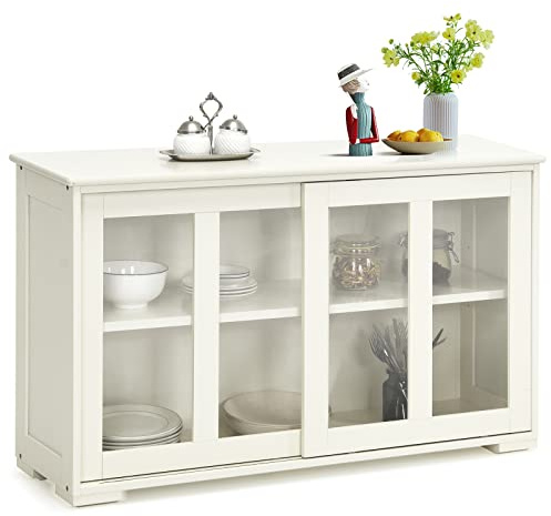 RELAX4LIFE Buffet de Cuisine 2 Portes Coulissantes en Verre et 2 Couches Réglables, Buffet Cuisine Meuble Rangement Contemporain pour Chambre Salon, 107x33x64cm(Blanc Laiteux)