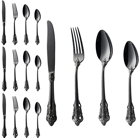 MeiSha 16 pcs Titane plaqué Noir Ensemble de Couverts, Set Argenterie Table 4 Personnes Inox, Comprend des couteaux/ fourchettes/ cuillères, Miroir Poli et Lavable au Lave-vaisselle (Noir Brillant)