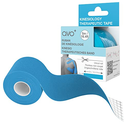 AVO+ Kinesiologie Tape - 5m Rolle Elastisches Therapeutisches Sportband für Physio-Übungen und Muskelregeneration, Schwellungen, Schmerzen und Verletzungen lindern, Wasserfest, Blau