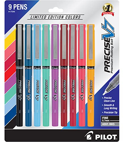 PILOT Precise V7 Stick Inchiostro Liquido Rotolamento Penna a sfera, punta fine, Inchiostro assortito, confezione da 9 (17046)