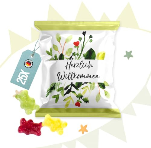Gummibärchen Mini-Tütchen, 25 Stück: Kleine Tüten Fruchtgummi, Herzlich Willkommen, Gastgeschenke Hochzeit, Geburtstag & Taufe, Geschenk Gäste, Willkommensgeschenk Gäste, Süßigkeiten Klein, 7 x 9 cm