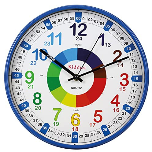Kiddus Kinder Wanduhr, Jungen und Mädchen, Analoger Lernuhr mit Zeitlernübungen, Kinderwanduhr Ohne Ticken, Kinderzimmer Lautlose, Schule, Uhrzeiger Deutsch