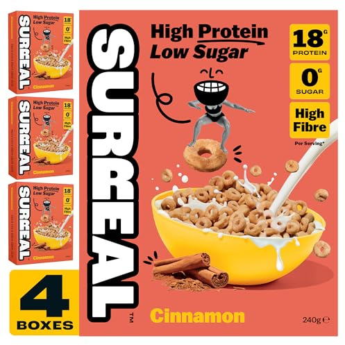 Surreal Cinnamon - High Protein Keto Cereal - 0g Sugar- Healthy Plant Based Cereal - High in Fibre- Low Carb - Gluten Free - Vegan - 18g of Protein - 240g per Box - 4 Pack (4 x Cinnamon)