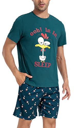 Jezonga Pigiama da Uomo in Cotone Pigiama Estivo Corto Set Manica Corta Modello Carino Stampa Sleepwear Loungewear(Turchese,L)