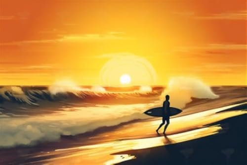 Acryl-Bild 140 x 90 cm: Surfen in den Sonnenuntergang: Schönes Surfermädchen läuft bei Sonnenuntergang am Strand, Silhouette vor dem bunten Himmel. (201903772)