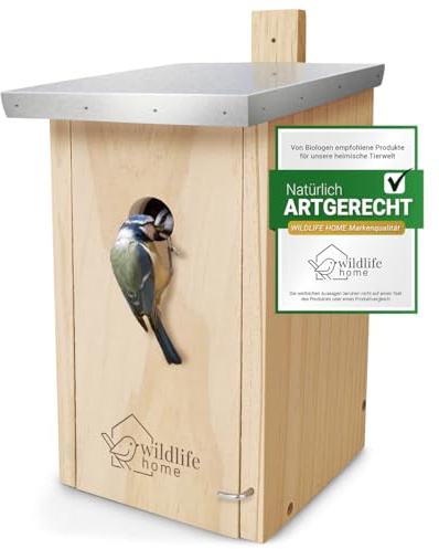 WILDLIFE HOME Nichoir mésanges avec toit en métal pour mésanges bleues, etc. I selon NABU en bois massif vissé I résistant aux intempéries et non traité I Nichoir à oiseaux à suspendre