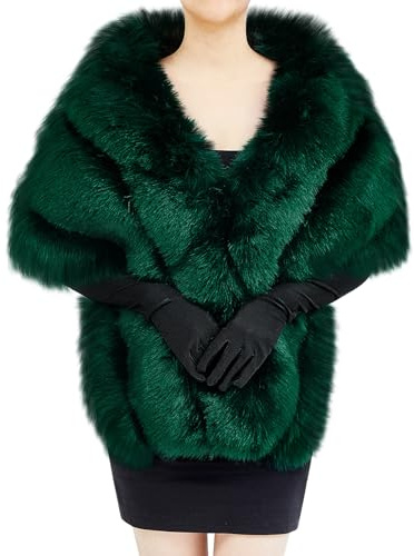 Zhanmai 2 Pcs Winter Faux Fur Long Shawl Cloak Stretchy Satin Glove Opera Bridal Dance Gloves for Women Dress Party Coat(Standard,Stylish,Atrovirens)