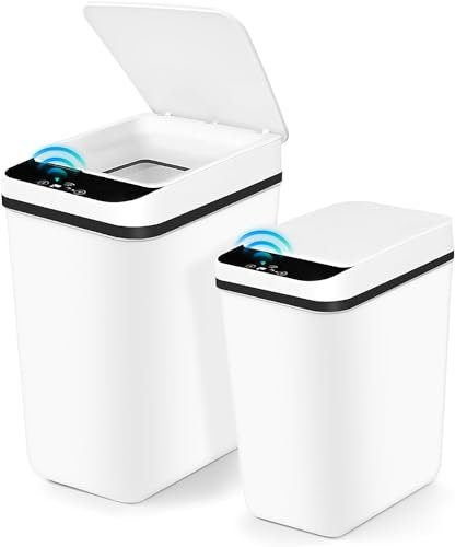 MSYU 2 Pack Motion Sensor Touchless Garbage Cans, 4.7 & 3Gallon Smart Trash Can with Lid, Slim Plastic Automatic Garbage Bin Compost Bin for Kitchen Bathroom Bedroom Dorm Office Home RV Indoor, White