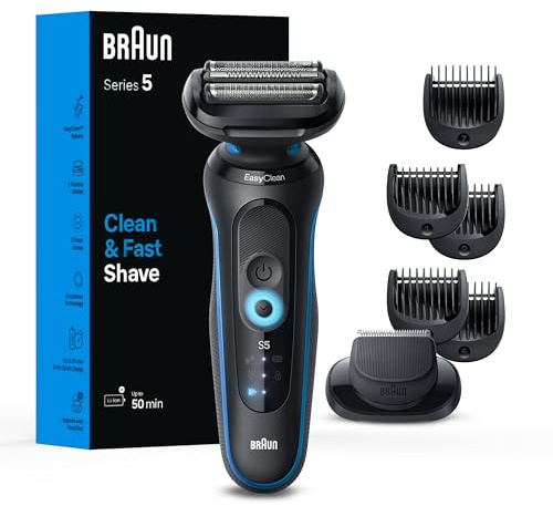 Braun Rasoir électrique pour homme, Series 5 5120s, rasage humide et sec, mode rasage turbo, rasoir en aluminium, conçu en Allemagne, avec tondeuse à barbe et pochette, bleu